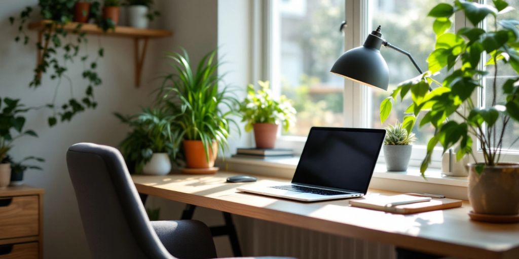 Cozy home office with laptop and natural light.