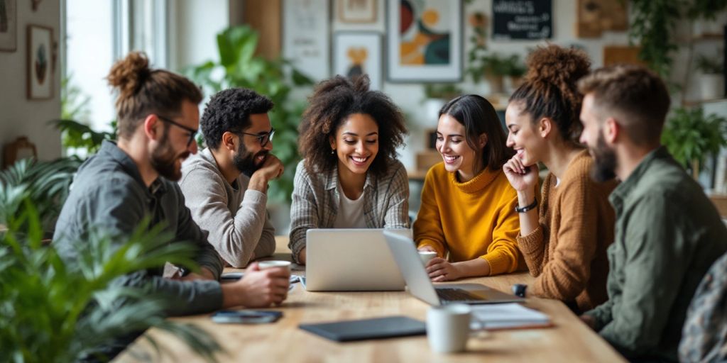 Diverse team collaborating in a modern workspace.