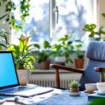 Cozy Home Office With Laptop And Indoor Plants.