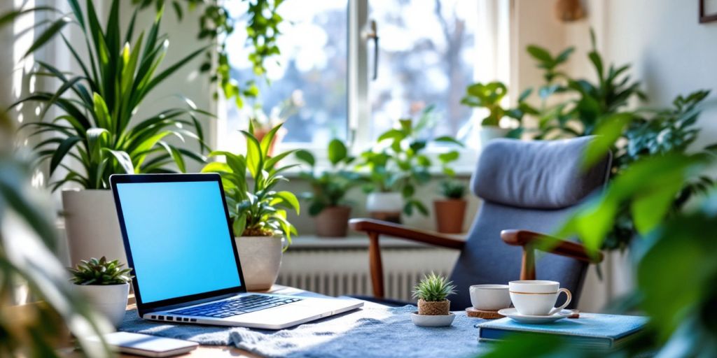 Freelancer Working Life. Cozy Home Office With Laptop And Indoor Plants.