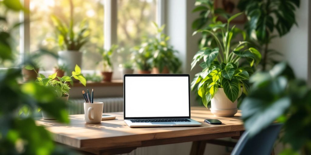 A cozy remote workspace with a laptop and plants.