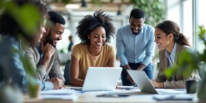 Diverse Team Working Together In A Bright Office.