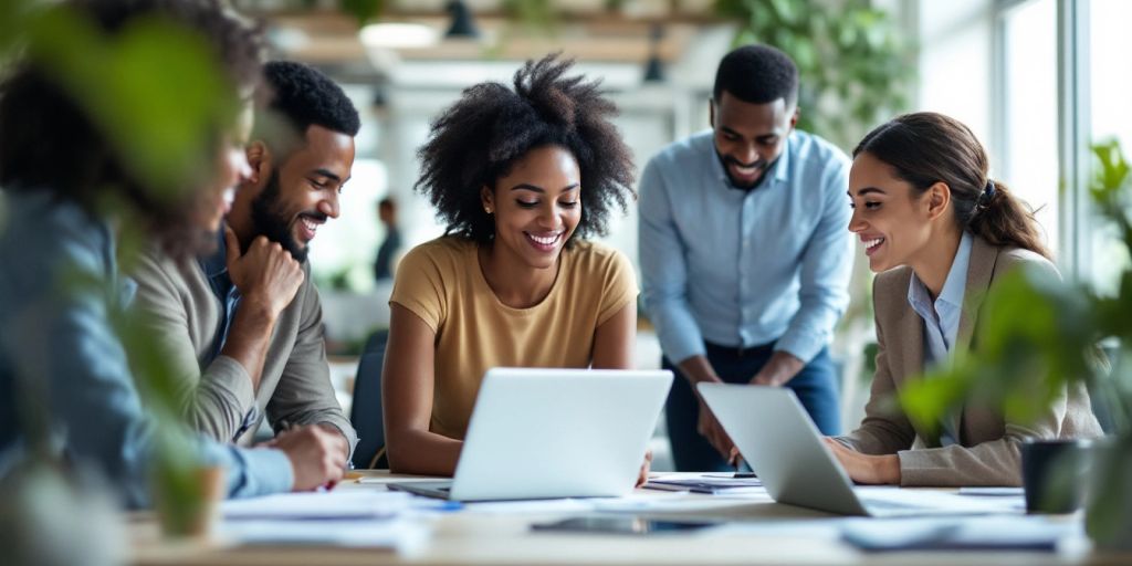 Diverse team working together in a bright office.