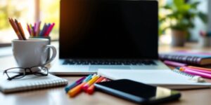 Workspace With Laptop, Notepad, Coffee, And Smartphone.