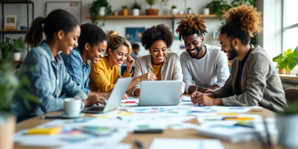 Diverse freelancers collaborating in a modern workspace.