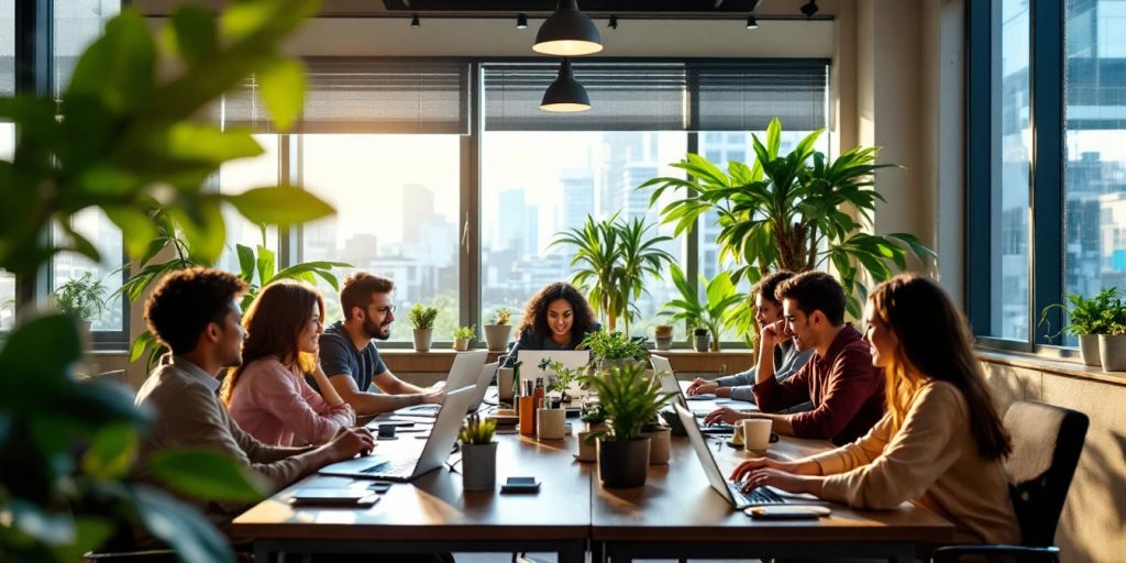 Diverse team members working together in a modern workspace.