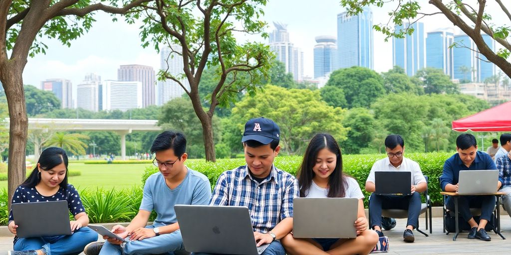 Malaysians working on laptops in vibrant outdoor settings.